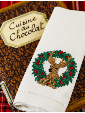 Christmas Tea Napkin in Cotton and Linen, with Machine Embroidery and Open Hem