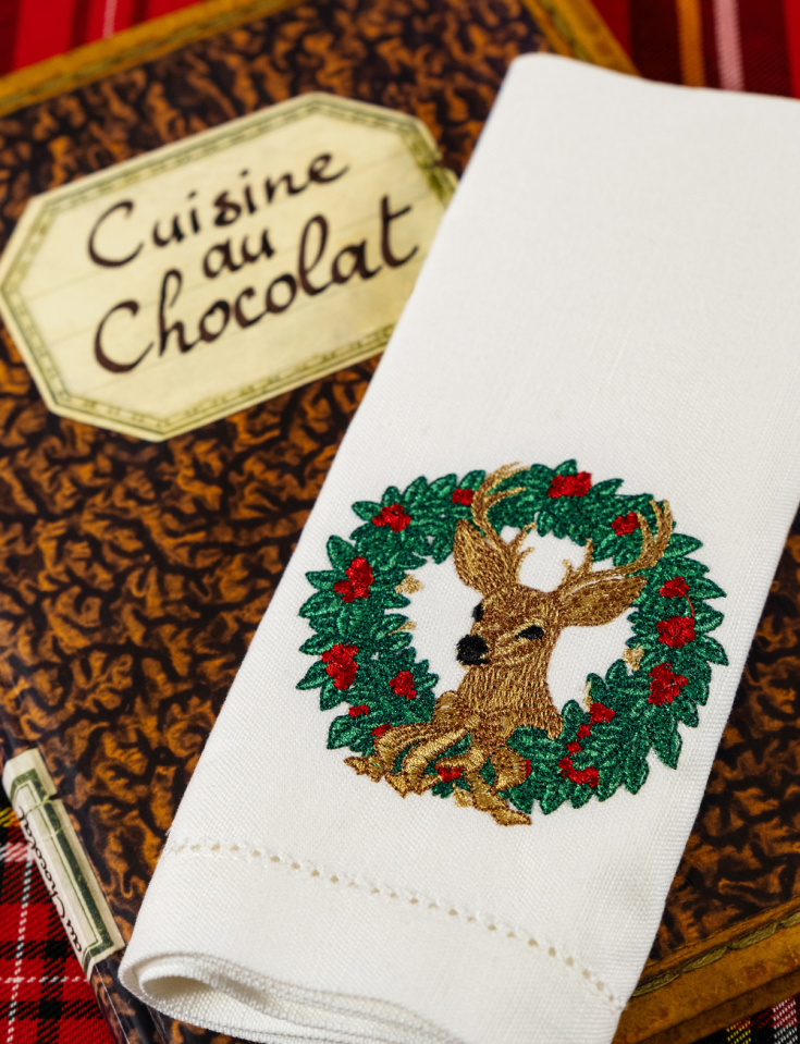 Christmas Tea Napkin in Cotton and Linen, with Machine Embroidery and Open Hem