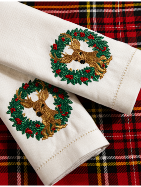 Christmas Tea Napkin in Cotton and Linen, with Machine Embroidery and Open Hem