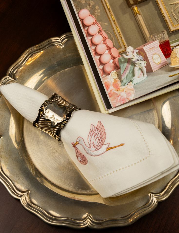 Cotton and Linen Napkin with Machine-Embroidered Stork — Embroidery Perfection for Baptisms, Baby Showers, and Reveal Parties