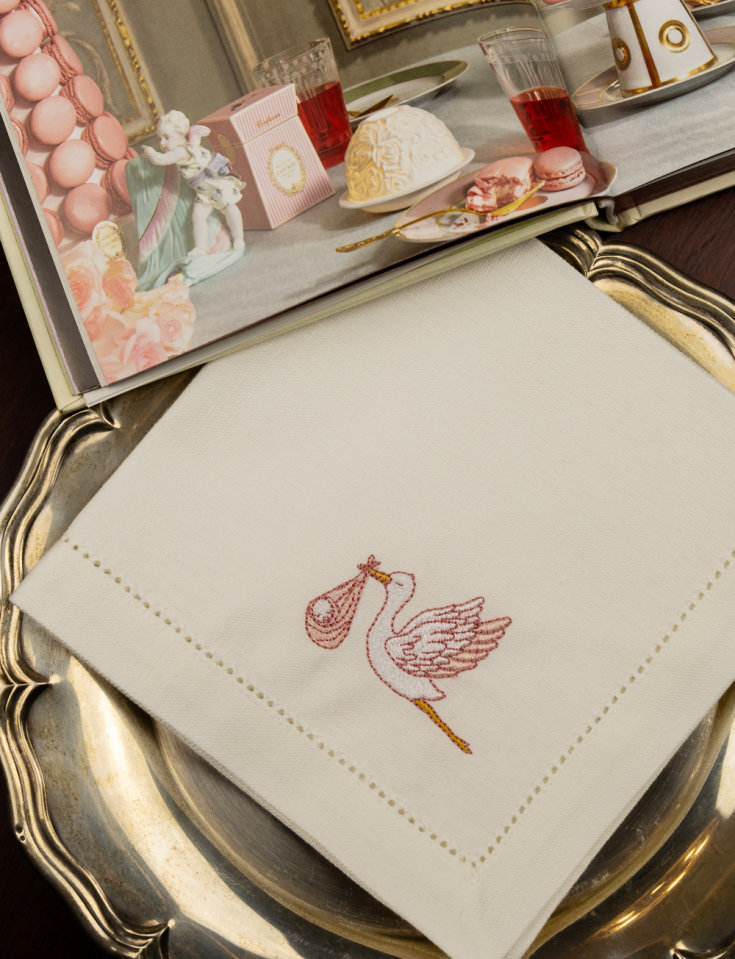 Cotton and Linen Napkin with Machine-Embroidered Stork — Embroidery Perfection for Baptisms, Baby Showers, and Reveal Parties