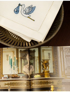 Cotton and Linen Napkin with Machine-Embroidered Stork — Embroidery Perfection for Baptisms, Baby Showers, and Reveal Parties