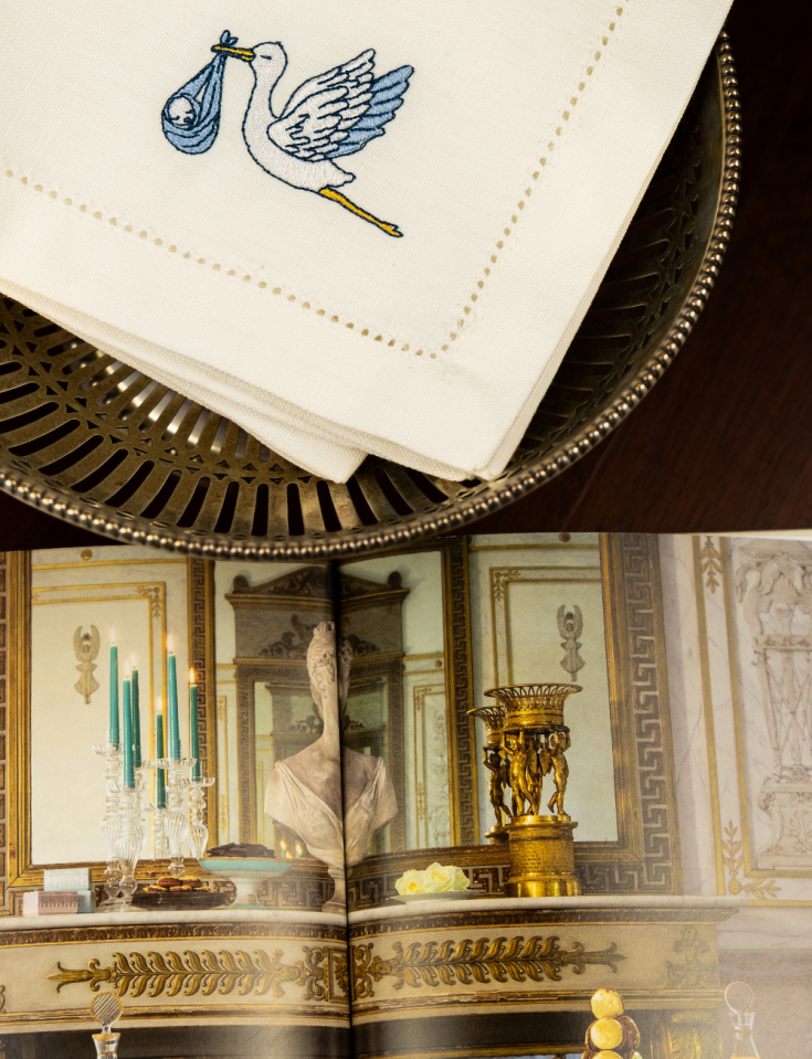 Cotton and Linen Napkin with Machine-Embroidered Stork — Embroidery Perfection for Baptisms, Baby Showers, and Reveal Parties