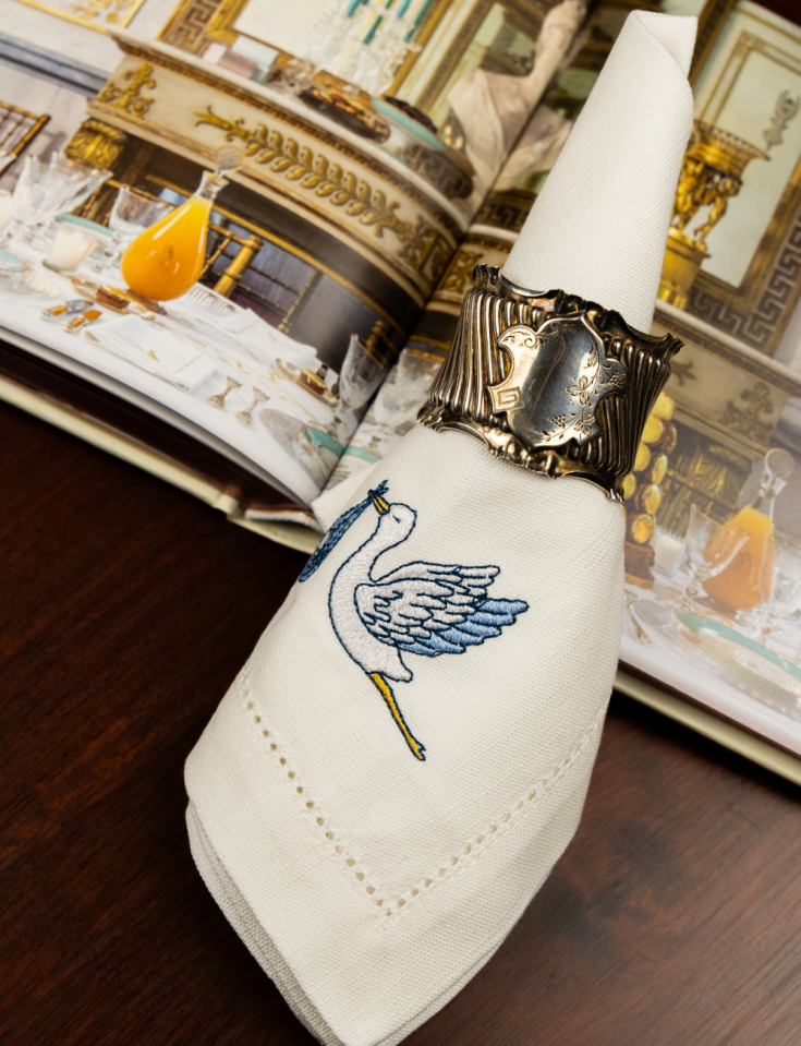 Cotton and Linen Napkin with Machine-Embroidered Stork — Embroidery Perfection for Baptisms, Baby Showers, and Reveal Parties