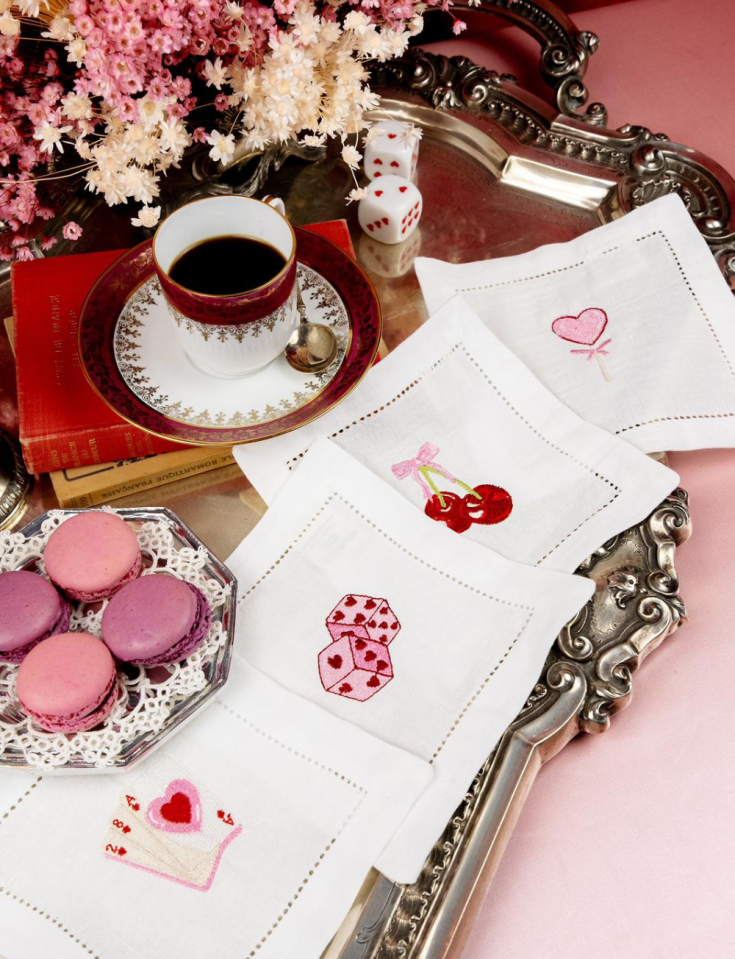 Valentine’s Day napkin, with machine embroidery and hemstitch/open hem.